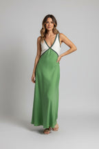 Flowing Womens Maxi Dress With Clean V-Neck & Colour-Block
