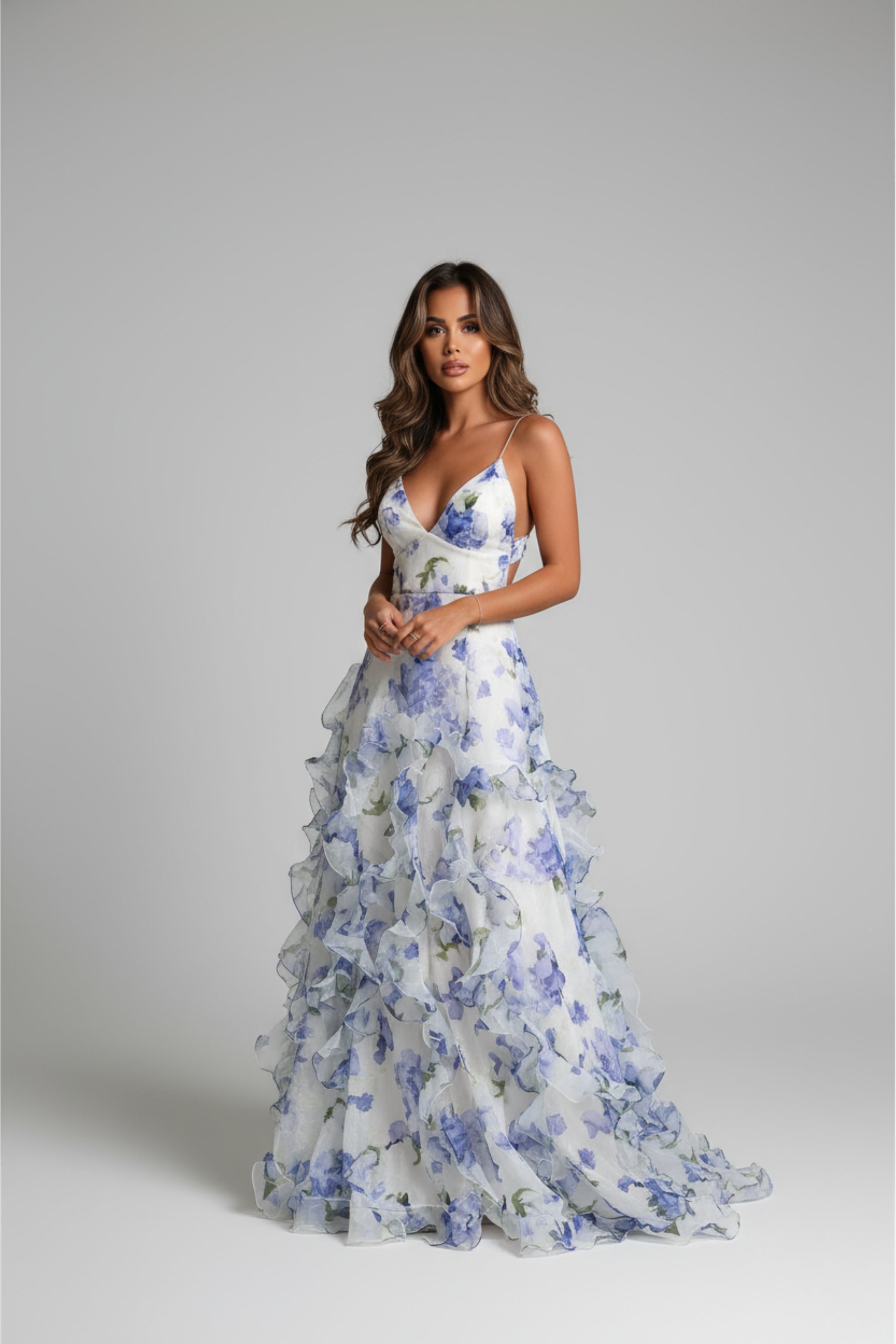 Floral Maxi Dress for Women | Blue and White Ruffled Maxi Dress