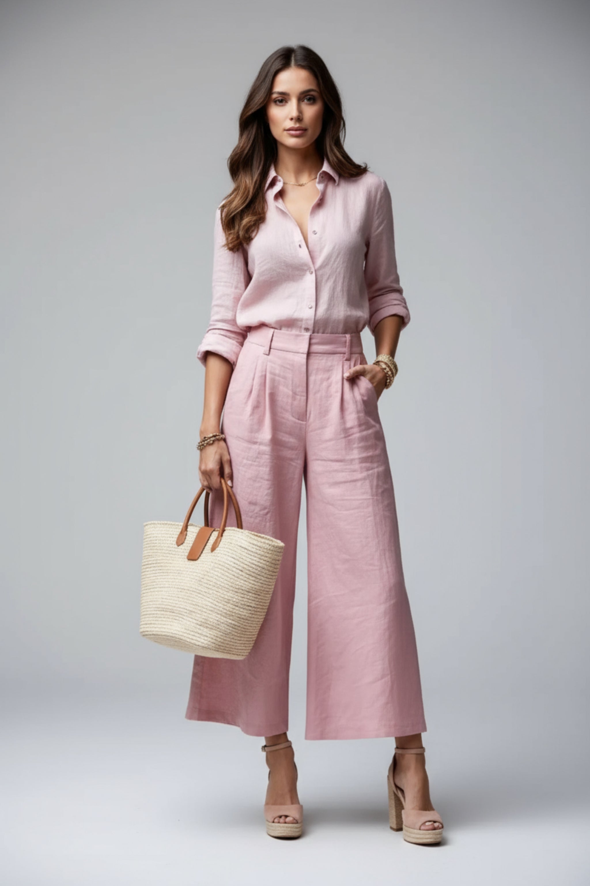 Women’s Light Pink Two Piece Set | Wide Leg Pants & Shirt | Classy Summer Outfit