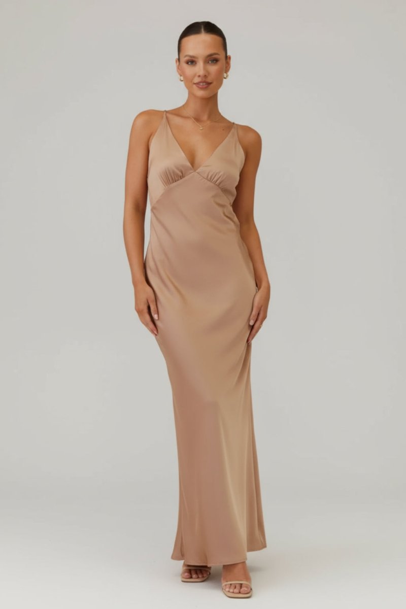 Amelia | Women’s V - Neck Satin Maxi Dress - Fullwear