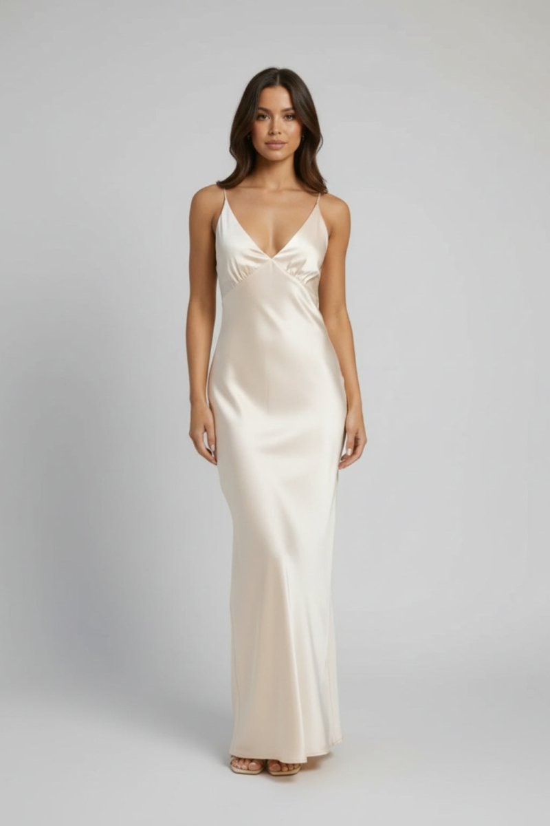 Amelia | Women’s V - Neck Satin Maxi Dress - Fullwear