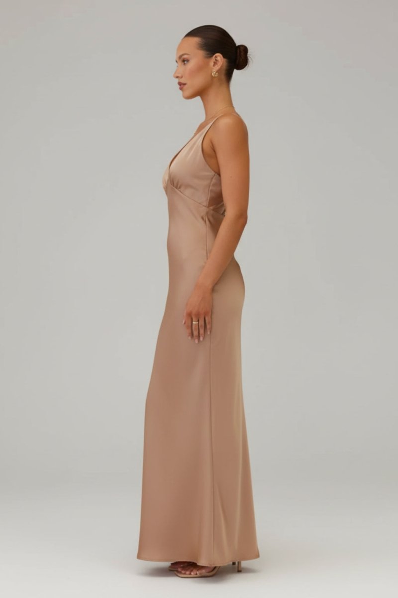 Amelia | Women’s V - Neck Satin Maxi Dress - Fullwear
