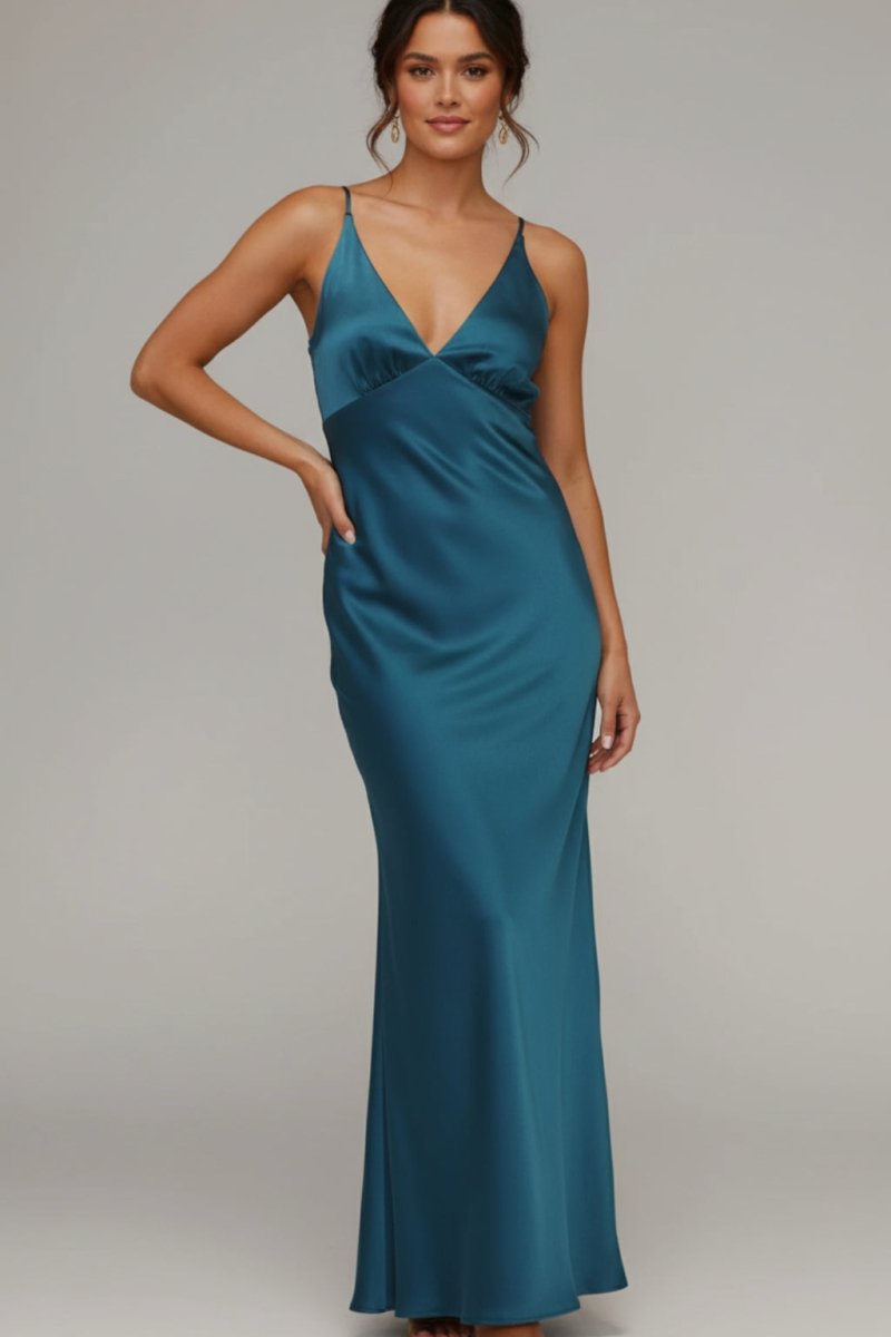 Amelia | Women’s V - Neck Satin Maxi Dress - Fullwear
