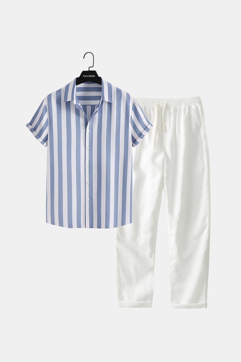 Blue and White Striped Shirt with White Pants | Summer Outfit Men | Men’s Beach Outfit - Fullwear