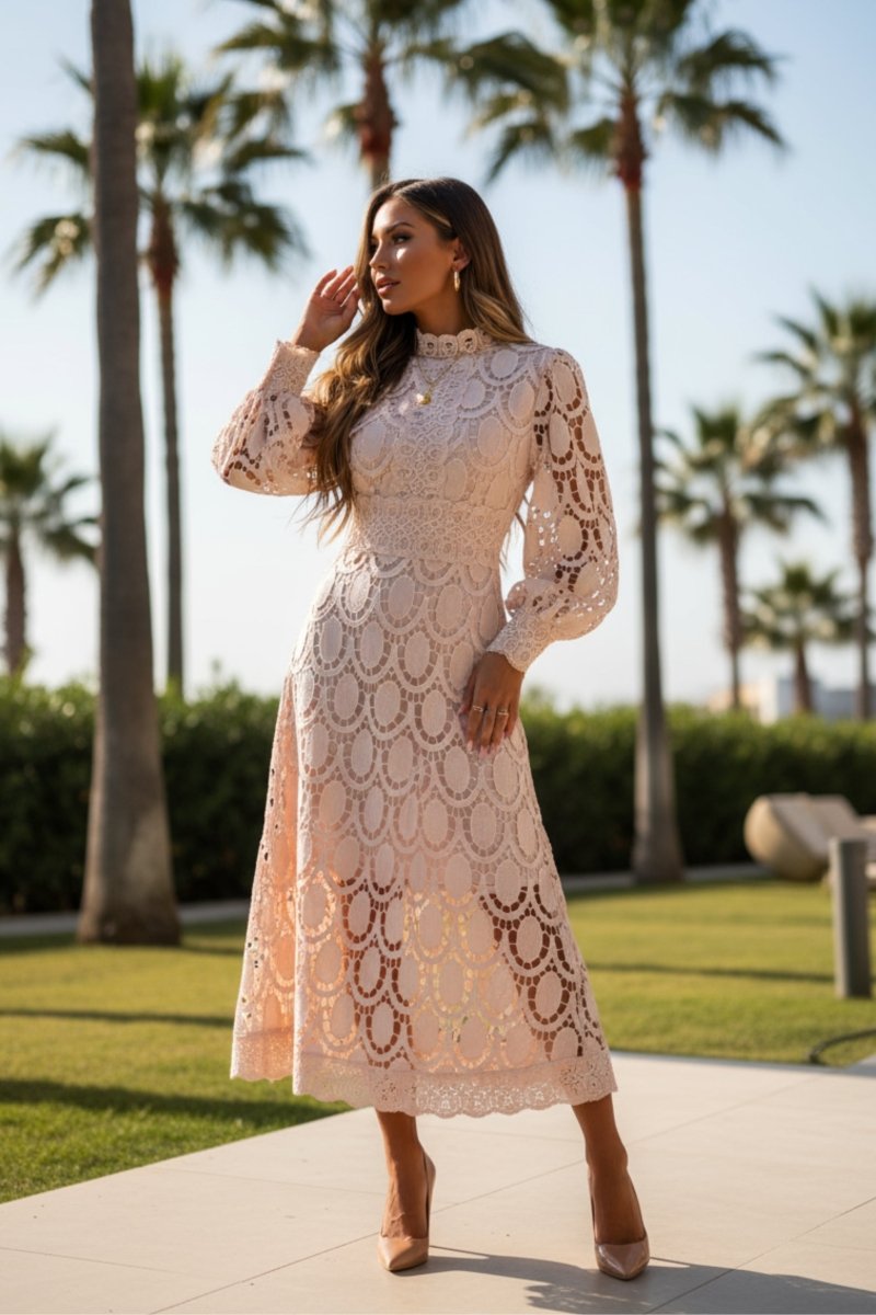 Eliana - Women’s High Neck Lace Style Midi Dress - Fullwear