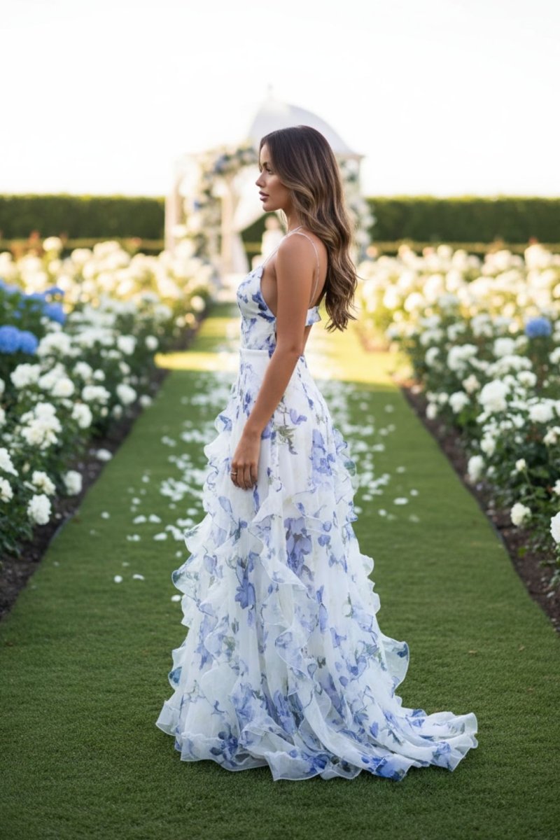 Floral Maxi Dress for Women | Blue and White Ruffled Maxi Dress - Fullwear