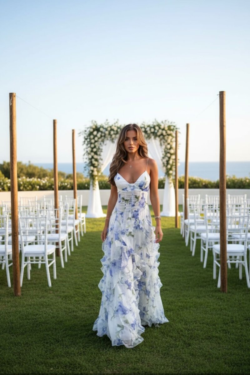 Floral Maxi Dress for Women | Blue and White Ruffled Maxi Dress - Fullwear