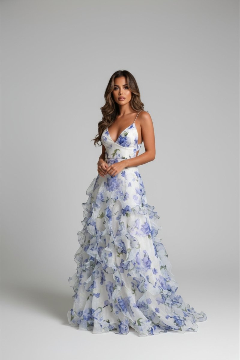 Floral Maxi Dress for Women | Blue and White Ruffled Maxi Dress - Fullwear