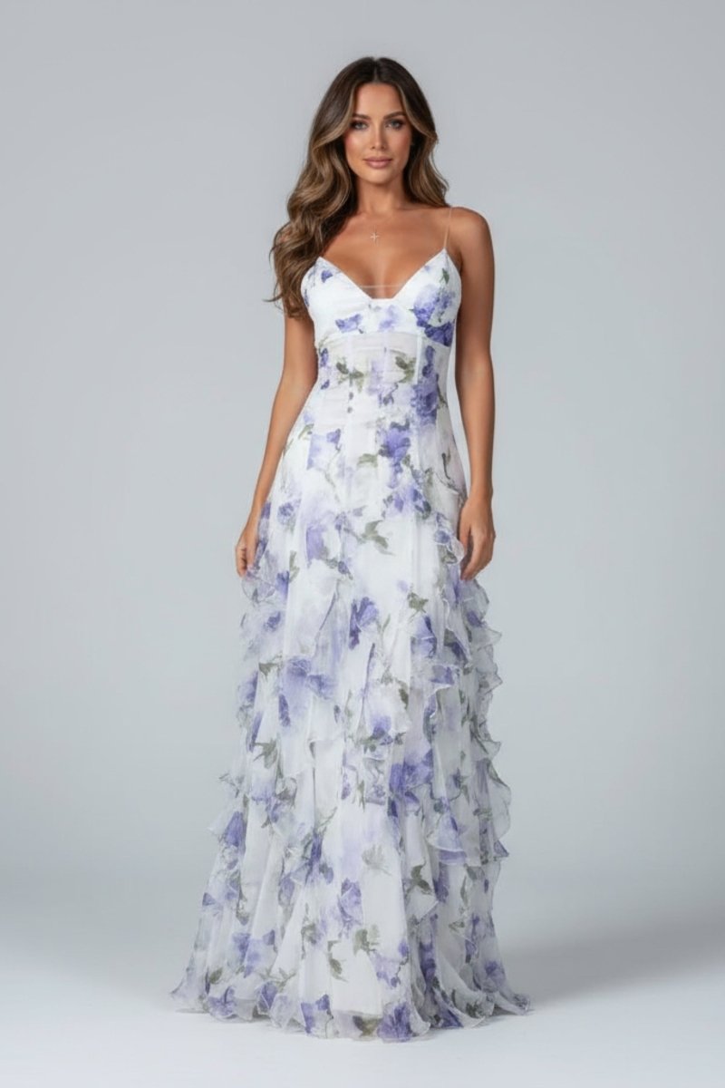 Floral Maxi Dress for Women | Blue and White Ruffled Maxi Dress - Fullwear