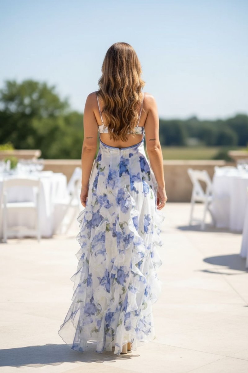 Floral Maxi Dress for Women | Blue and White Ruffled Maxi Dress - Fullwear
