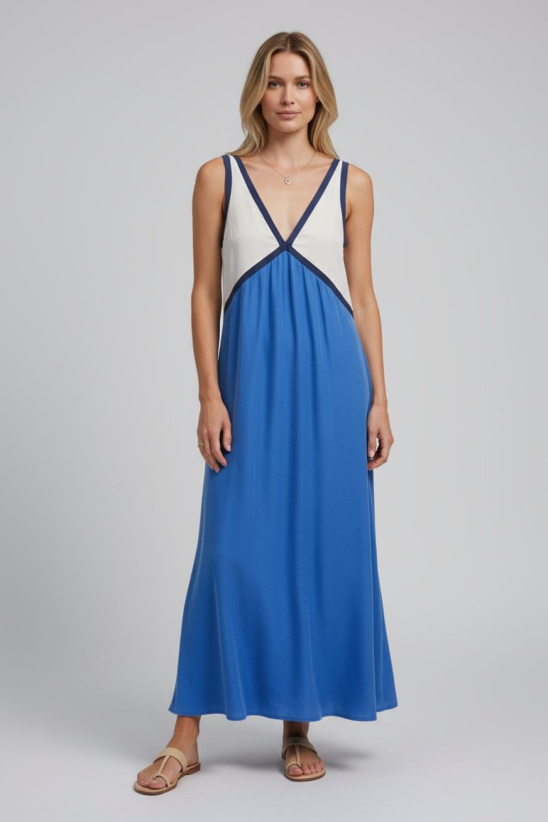 Flowing Womens Maxi Dress With Clean V - Neck & Colour - Block - Fullwear