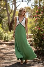 Flowing Womens Maxi Dress With Clean V - Neck & Colour - Block - Fullwear