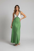 Flowing Womens Maxi Dress With Clean V - Neck & Colour - Block - Fullwear