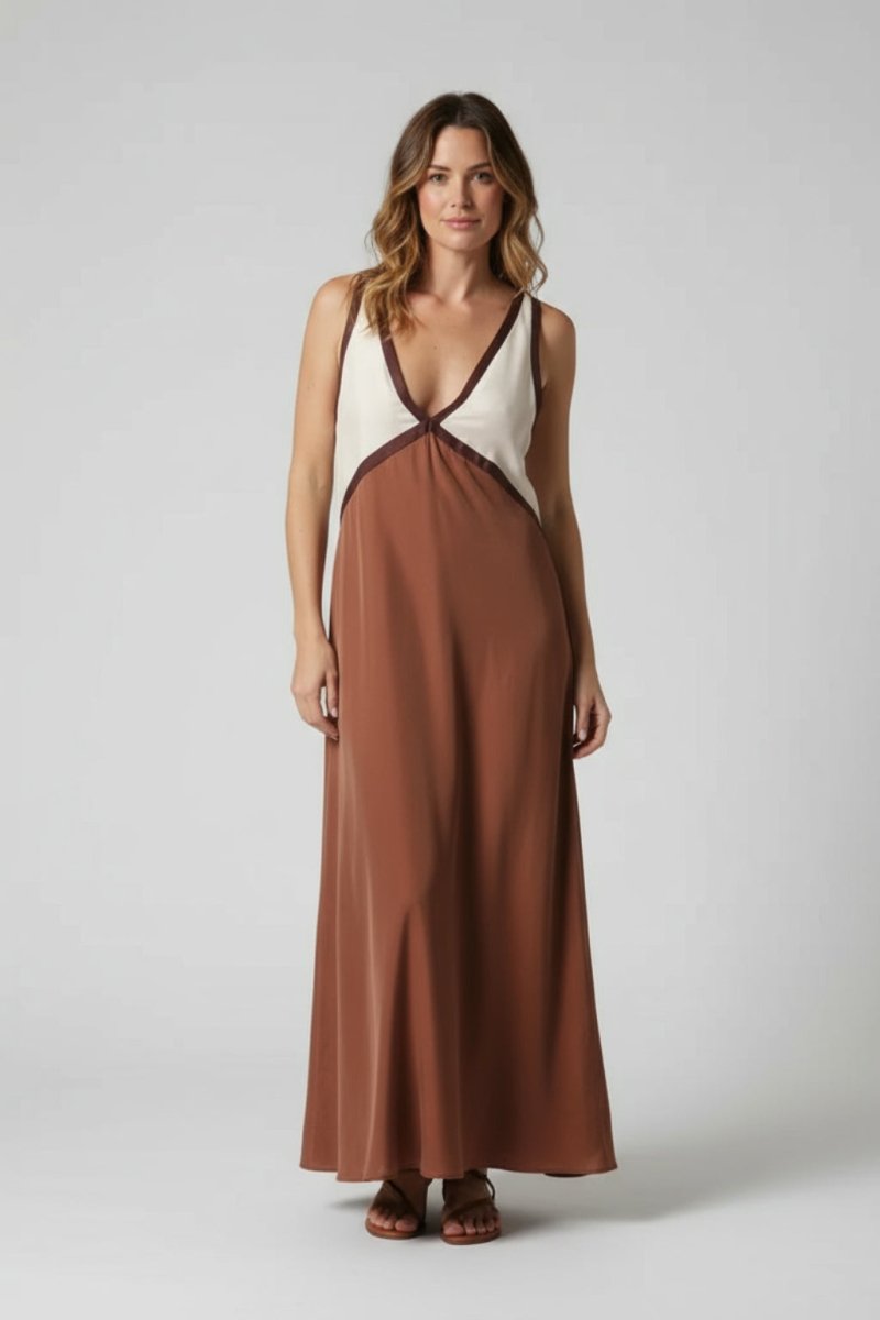 Flowing Womens Maxi Dress With Clean V - Neck & Colour - Block - Fullwear