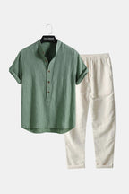 Green Button Up Shirt & Beige Pants Outfit - Men’s Summer Clothes Set | Men’s Beach Outfit - Fullwear