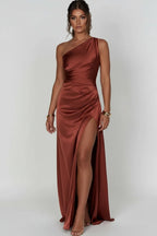 Women’s One - Shoulder Maxi Dress | Ruched Evening Gown with High Slit - Fullwear