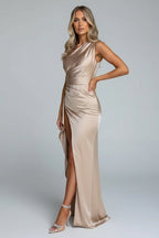 Women’s One - Shoulder Maxi Dress | Ruched Evening Gown with High Slit - Fullwear