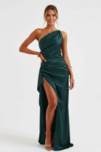 Women’s One - Shoulder Maxi Dress | Ruched Evening Gown with High Slit - Fullwear