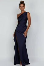 Women’s One - Shoulder Maxi Dress | Ruched Evening Gown with High Slit - Fullwear