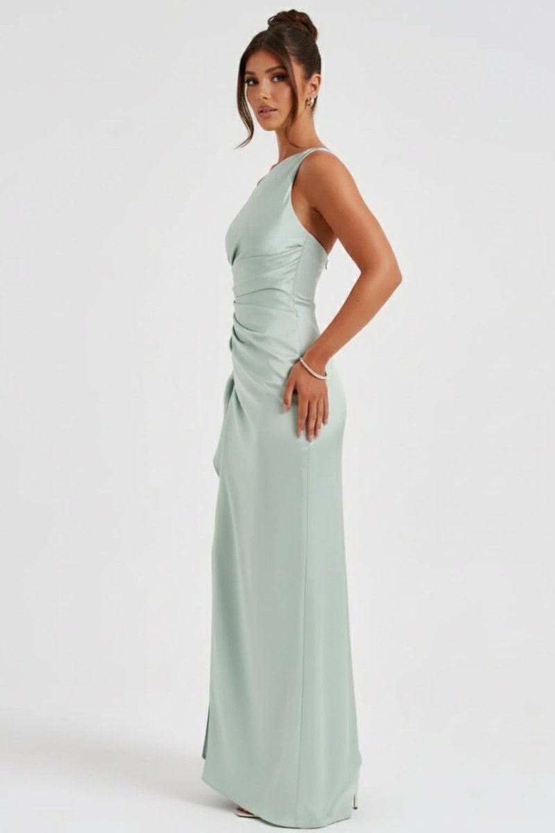 Women’s One - Shoulder Maxi Dress | Ruched Evening Gown with High Slit - Fullwear