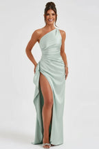 Women’s One - Shoulder Maxi Dress | Ruched Evening Gown with High Slit - Fullwear