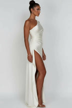 Women’s One - Shoulder Maxi Dress | Ruched Evening Gown with High Slit - Fullwear