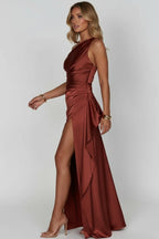 Women’s One - Shoulder Maxi Dress | Ruched Evening Gown with High Slit - Fullwear