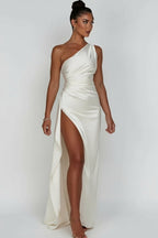 Women’s One - Shoulder Maxi Dress | Ruched Evening Gown with High Slit - Fullwear