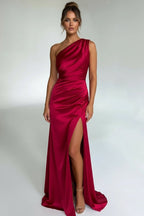 Women’s One - Shoulder Maxi Dress | Ruched Evening Gown with High Slit - Fullwear