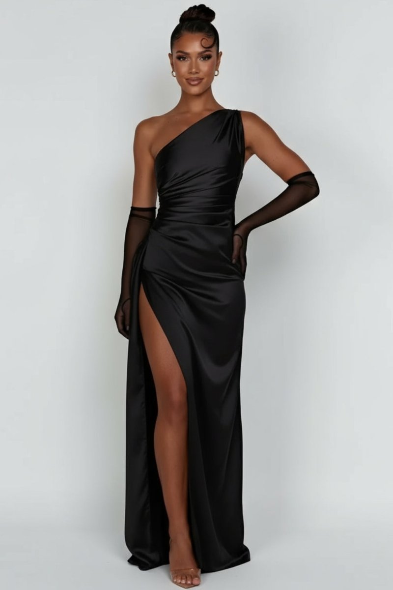 Women’s One - Shoulder Maxi Dress | Ruched Evening Gown with High Slit - Fullwear