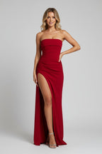 Women’s Strapless Maxi Dress | Ruched Evening Gown with High Slit - Fullwear