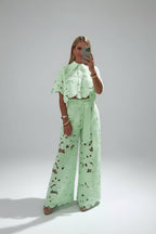 Women’s Two - Piece Lace Set | Floral Wide Leg Pants & Crop Top Outfit - Fullwear