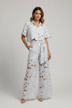 Women’s Two - Piece Lace Set | Floral Wide Leg Pants & Crop Top Outfit - Fullwear
