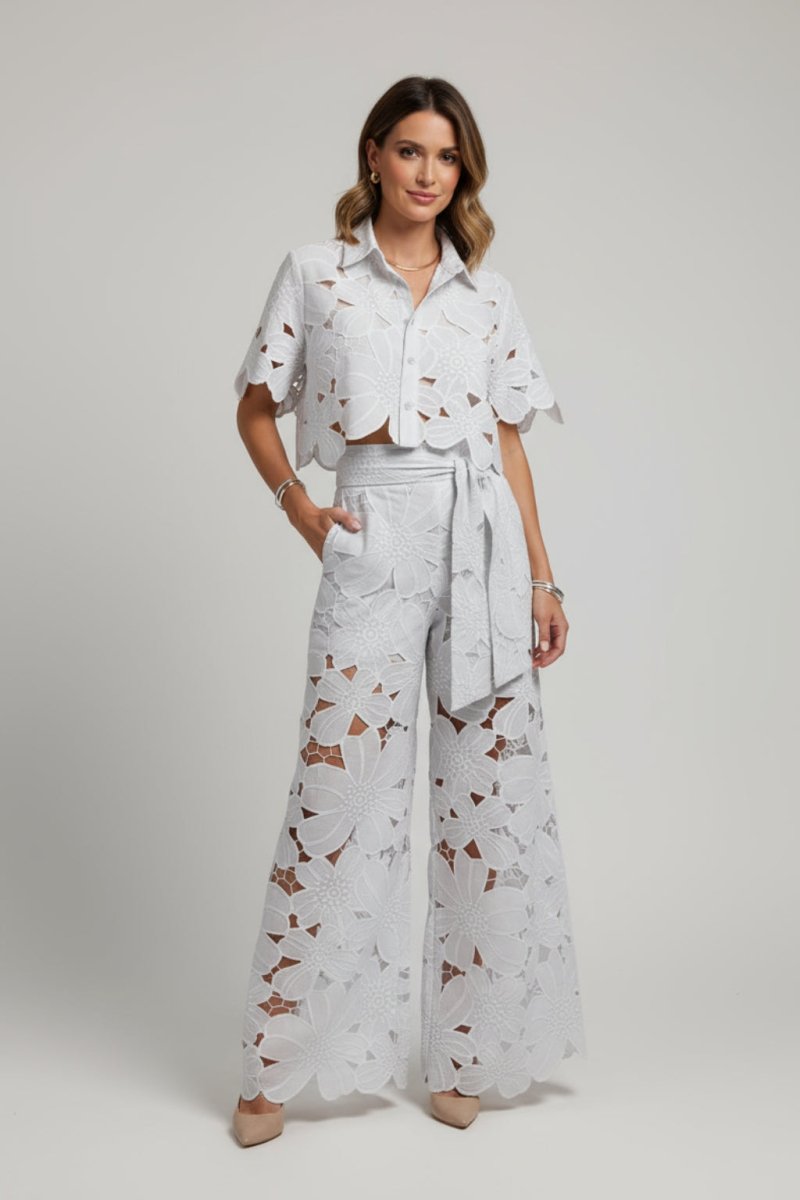 Women’s Two - Piece Lace Set | Floral Wide Leg Pants & Crop Top Outfit - Fullwear