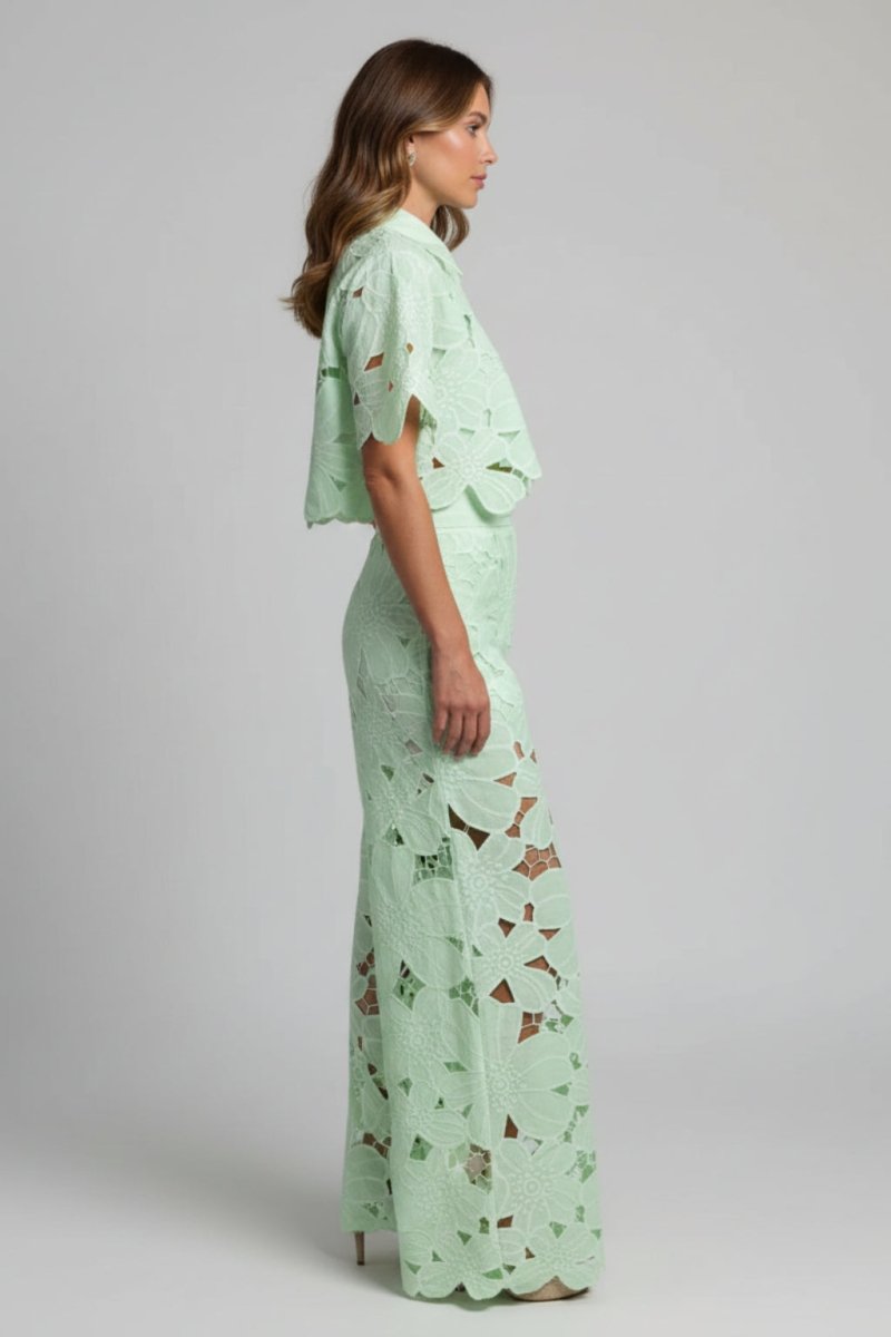 Women’s Two - Piece Lace Set | Floral Wide Leg Pants & Crop Top Outfit - Fullwear
