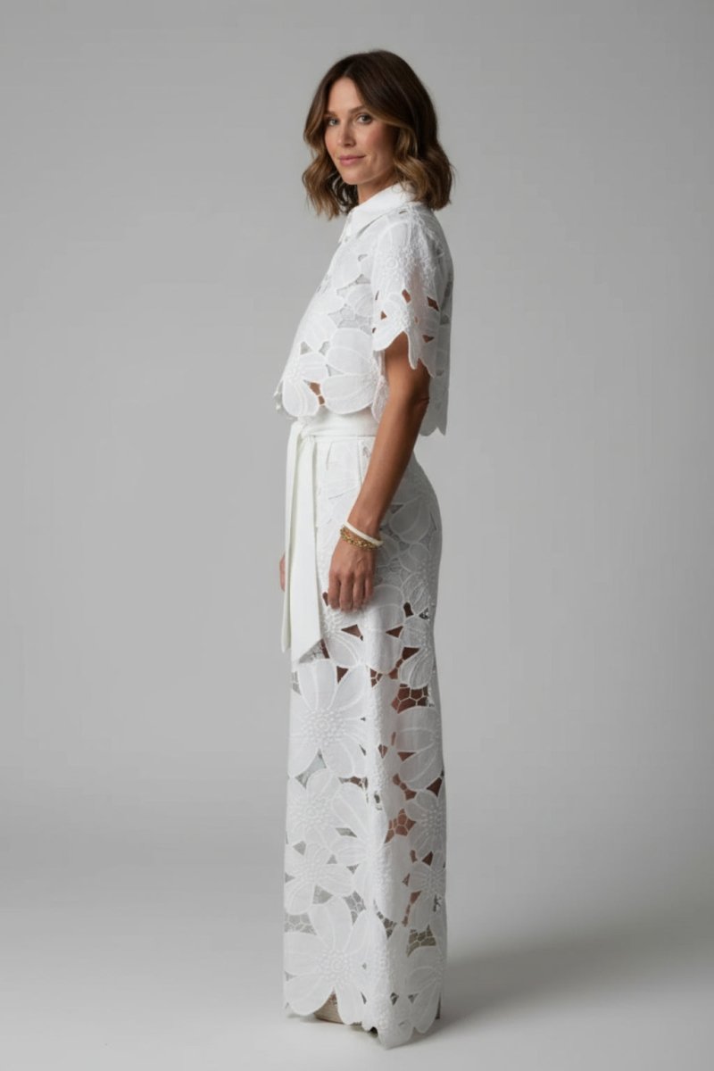 Women’s Two - Piece Lace Set | Floral Wide Leg Pants & Crop Top Outfit - Fullwear