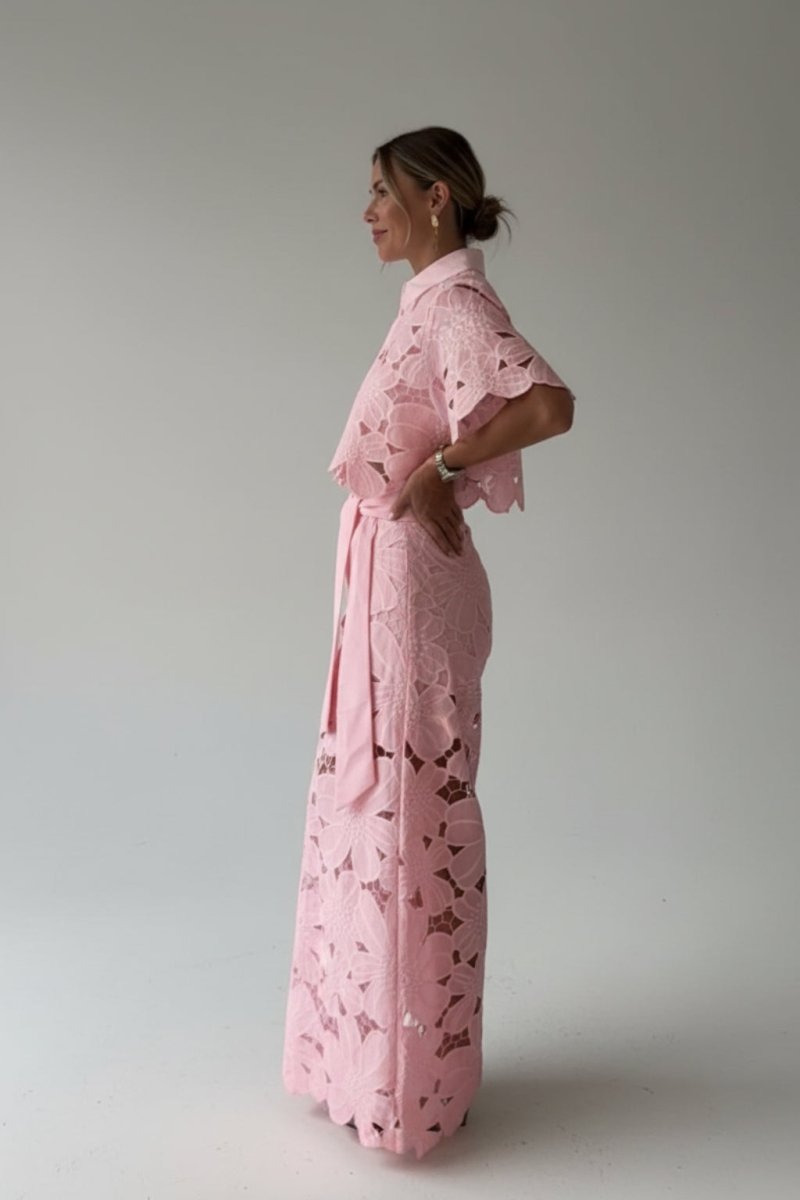 Women’s Two - Piece Lace Set | Floral Wide Leg Pants & Crop Top Outfit - Fullwear