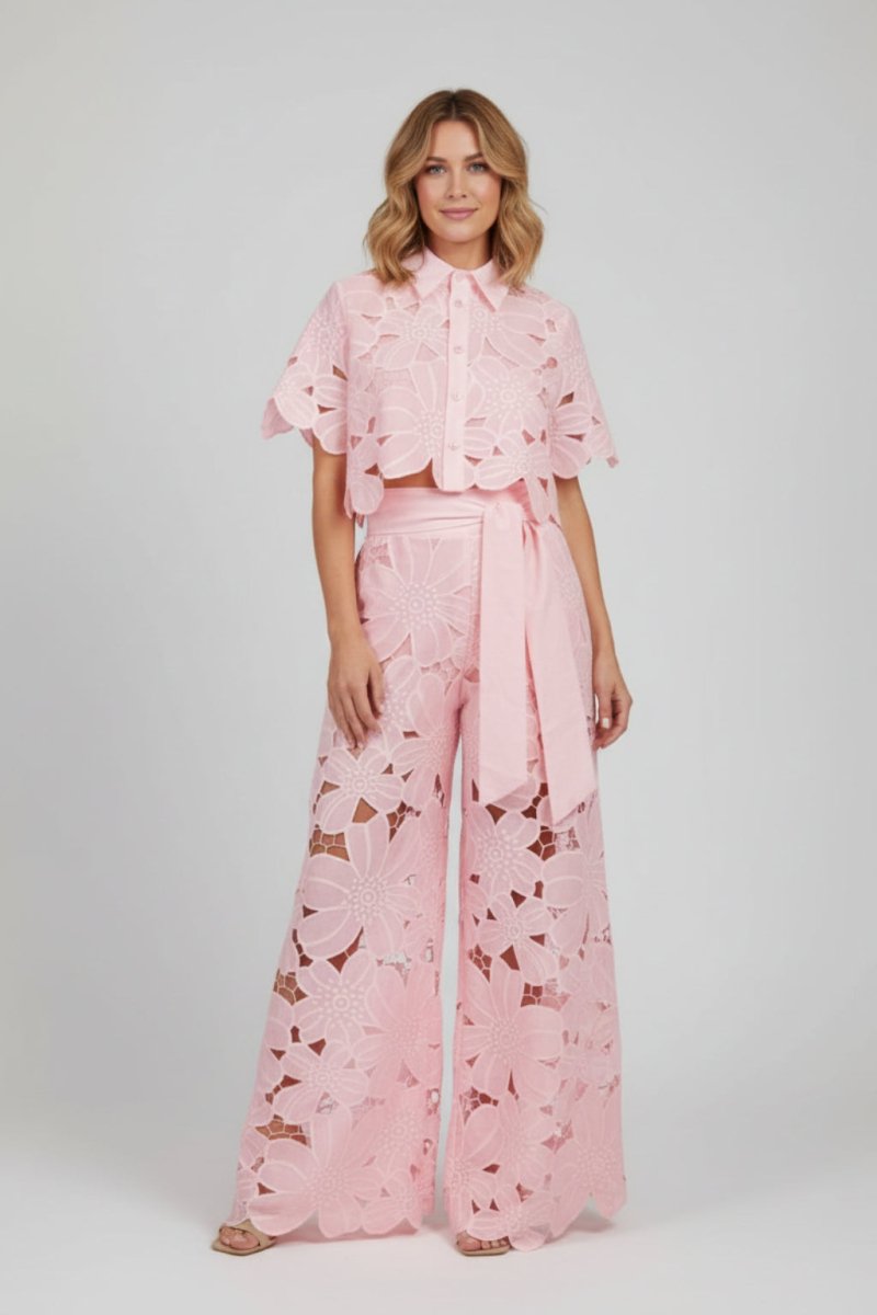Women’s Two - Piece Lace Set | Floral Wide Leg Pants & Crop Top Outfit - Fullwear