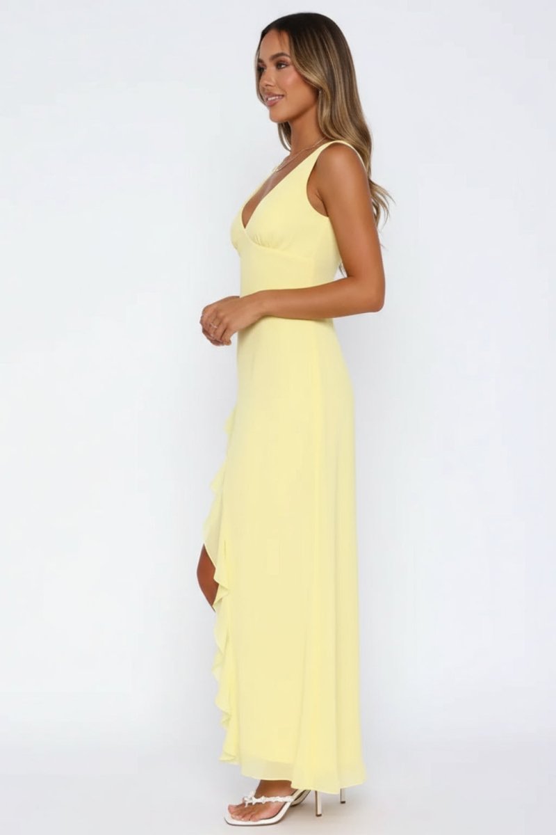 Women’s V - Neck Maxi Dress | Ruffle Slit Summer Evening Long Dress - Fullwear