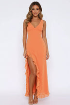 Women’s V - Neck Maxi Dress | Ruffle Slit Summer Evening Long Dress - Fullwear
