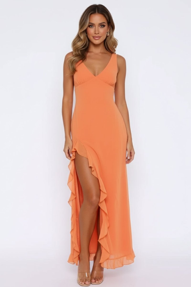 Women’s V - Neck Maxi Dress | Ruffle Slit Summer Evening Long Dress - Fullwear