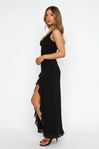 Women’s V - Neck Maxi Dress | Ruffle Slit Summer Evening Long Dress - Fullwear