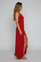 Women’s V - Neck Maxi Dress | Ruffle Slit Summer Evening Long Dress - Fullwear
