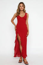 Women’s V - Neck Maxi Dress | Ruffle Slit Summer Evening Long Dress - Fullwear
