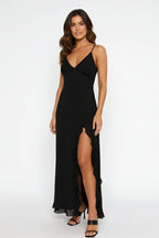 Women’s V - Neck Maxi Dress | Ruffle Slit Summer Evening Long Dress - Fullwear