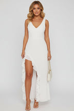 Women’s V - Neck Maxi Dress | Ruffle Slit Summer Evening Long Dress - Fullwear