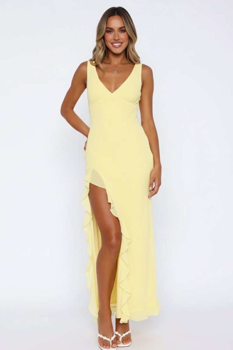 Women’s V - Neck Maxi Dress | Ruffle Slit Summer Evening Long Dress - Fullwear